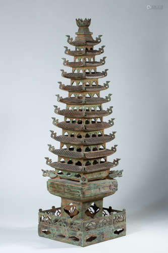 A Chinese Bronze Tower with Jade Inlaided