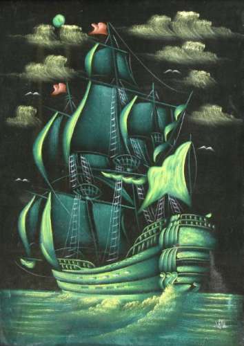 American Painting on Velvet of a Ship, Signed