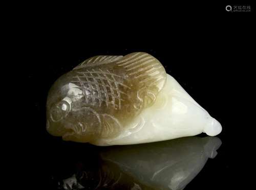 Chinese White Jade Fish and Lotus Pendent