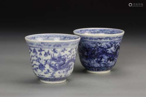 Pair of Chinese Antique Blue and White Dragon Cups