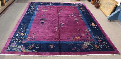 Chinese Peking style Art Deco floral rug on deep purple