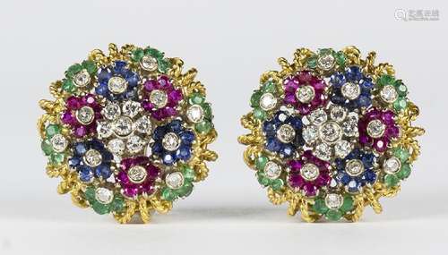 Pair of multi-stone, diamond and 18k yellow gold