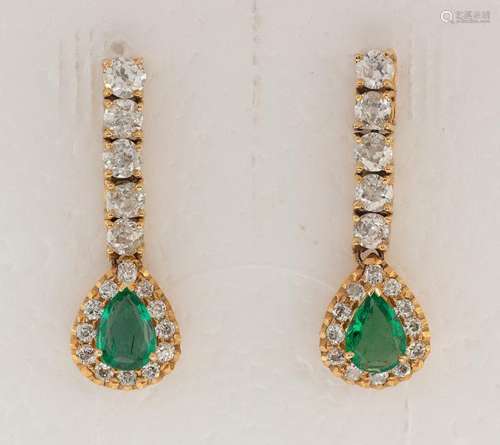 Pair of emerald, diamond and 14k yellow gold earrings