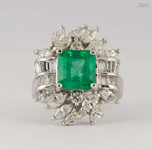 Emerald, diamond and 18k white gold ring