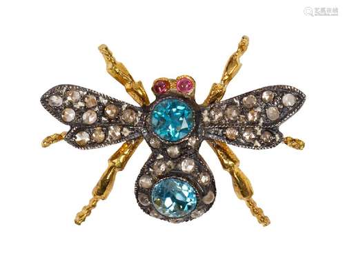 Blue zircon, ruby, diamond and silver-gilt bee brooch