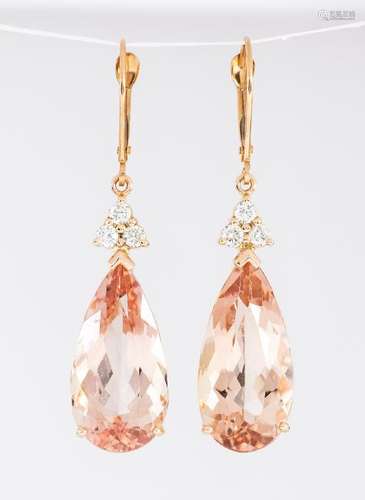 Pair of morganite, diamond and 14k rose gold drop