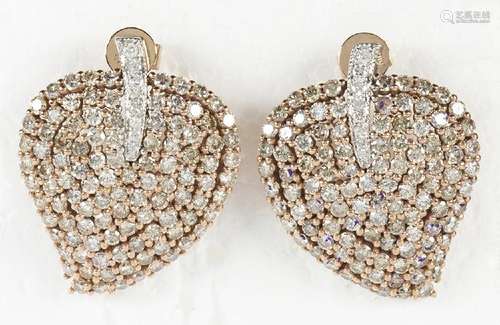 Pair of diamond and 18k rose gold leaf earrings