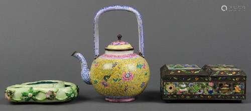 Chinese Enamel Metal Teapot, Box, Washer