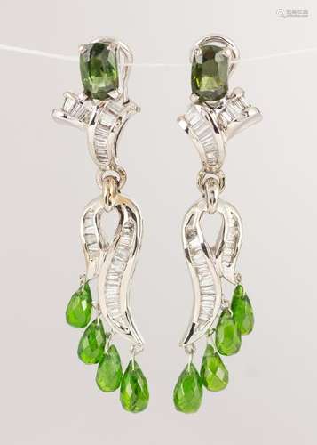 Pair of sapphire, tsavorite, diamond and 14k white gold