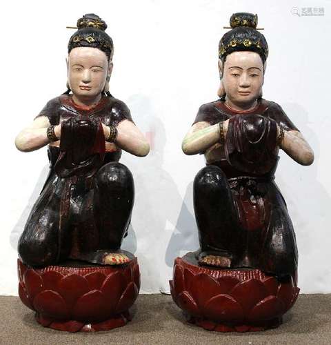 Pair of Vietnamese polychrome lacquered wooden apsaras,