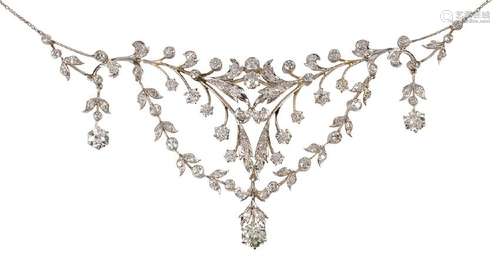 Edwardian diamond, platinum-topped 14k yellow gold bib