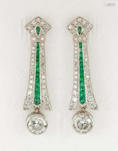 Pair of diamond, emerald and platinum earrings