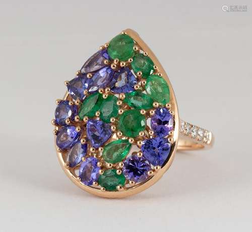 Tanzanite, emerald, diamond and 14k yellow gold ring