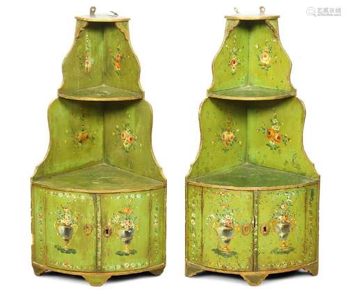 Pair of Louis XV style green painted wood corner