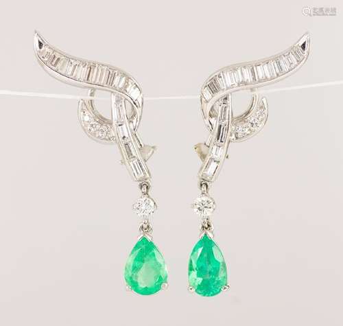 Pair of emerald, diamond and 18k white gold earrings