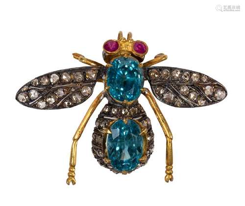 Blue zircon, ruby, diamond and silver-gilt bee brooch