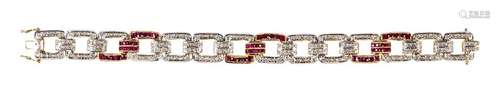 Ruby, diamond and 14k yellow gold bracelet