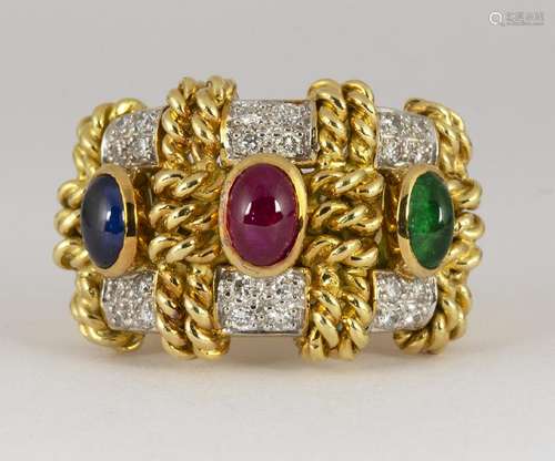 Multi-stone, diamond and 18k yellow gold ring