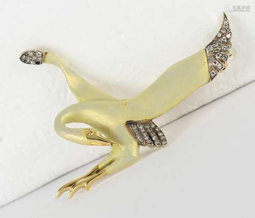 Diamond, enamel and 18k yellow gold bird brooch