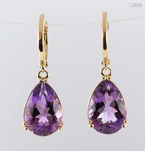 Pair of amethyst and 14k yellow gold earrings