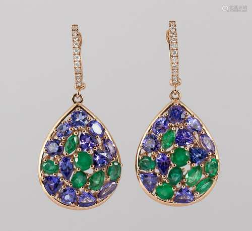 Pair of tanzanite, emerald and 14k rose gold earrings