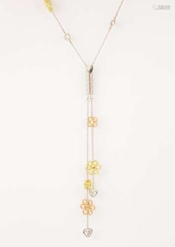 Diamond, 18k tri-color flower necklace