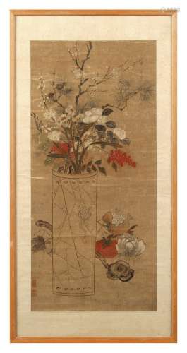 A 19th century Chinese painting on silk depicting flowers in a cylindrical vase, with two red seals,