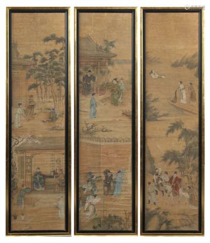 A set of three 19th century Chinese paintings on paper depicting dignitaries & attendants on