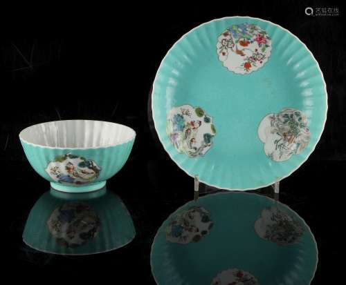 Property of a lady - a Chinese famille rose shallow dish and matching bowl, 18th century, of