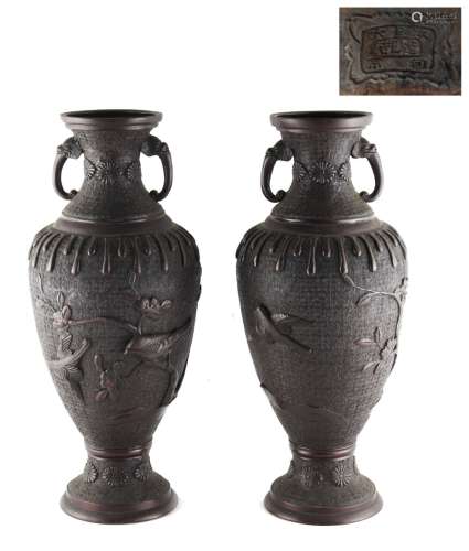 Property of a gentleman - a pair of Japanese bronze two-handled baluster vases, Meiji period (1868-