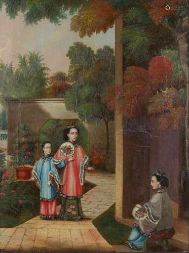 Chinese school (mid 19th century) - THREE FIGURES IN GARDENS - oil on canvas, 15.2 by 11.3ins. (38.6