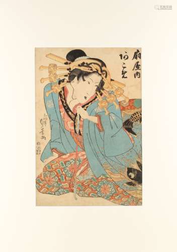 Utagawa Sadakage (fl.1818-1844) - THE COURTESAN AKOME OF OGI-YA - woodblock print, oban, mounted but