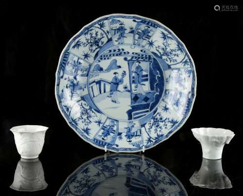A Chinese blue & white shallow dish, Kangxi period (1662-1722), with alternating panels of ladies