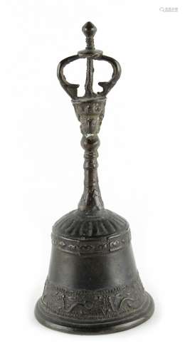 Property of a deceased estate - a bronze hand bell with stylised coronet terminal, 19th century or