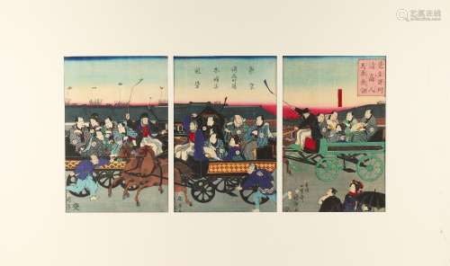 Utagawa Kuniteru (1808-1876) - HORSE CARRIAGES ON A TOKYO STREET - woodblock prints, a triptych,