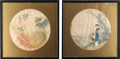 Two Chinese paintings on round silk panels, late 19th century, one depicting a lady standing by a