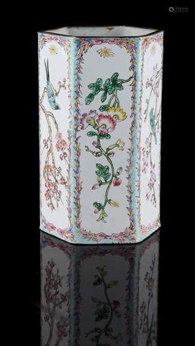 Property of a lady - a Chinese Canton enamel hexagonal vase, decorated with birds among flowering