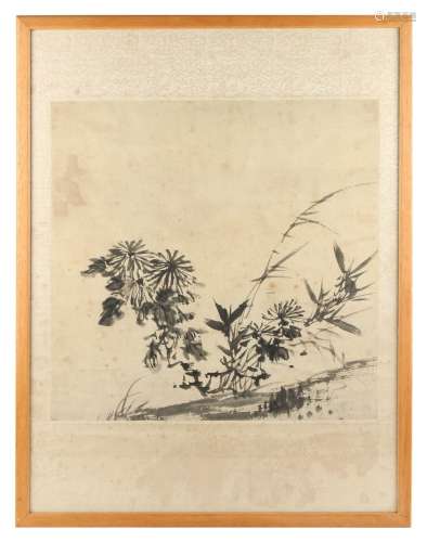 A late 19th / early 20th century Chinese black & white painting on paper depicting flowers, the