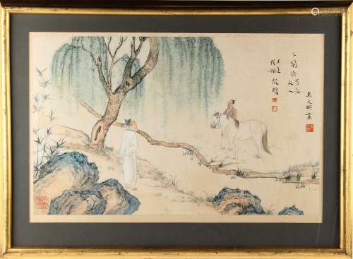 An early 20th century Chinese painting on paper depicting two figures & a horse in landscape, with