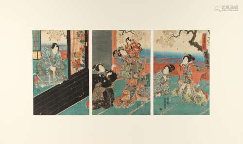 Toyokuni III (1786-1865) - VIEWING CHERRY BLOSSOM - woodblock prints, a triptych, mounted but
