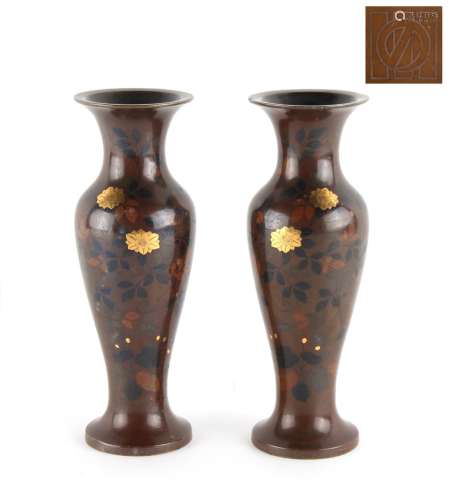 A pair of Japanese bronze & mixed metal vases, Meiji period (1868-1912), each with Nogawa trade mark