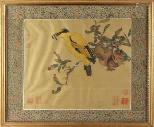 An early 20th century Chinese painting on silk depicting a bird on a fruiting pomegranate branch