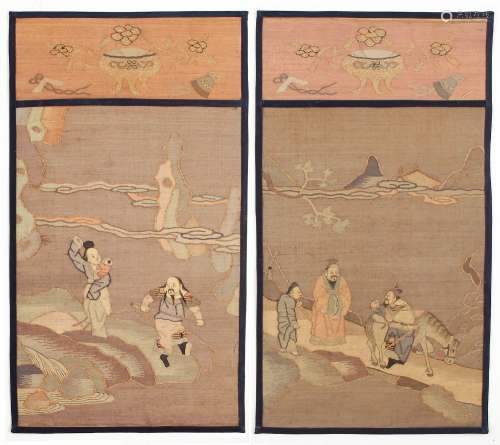 A pair of late 19th / early 20th century Chinese kesi silk panels depicting figures in landscapes,