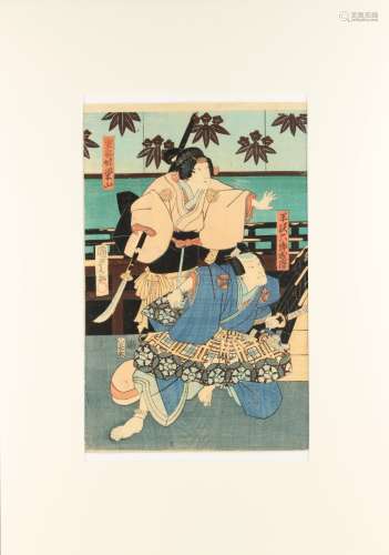 Utagawa Kunisada I (1786-1865) - KABUKI ACTORS PLAYING GENPEI SEISUIKI - woodblock print, oban,