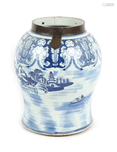 Property of a lady - a large Chinese blue & white porcelain baluster temple jar, 17th / 18th