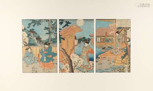 Sadahide Utagawa (1807-1873) - A FULL MOON NIGHT SCENE - woodblock prints, a triptych, mounted but