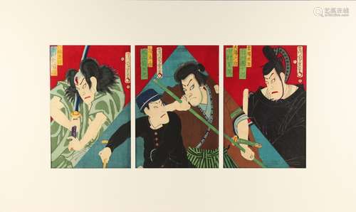 Morikawa Chikashige (fl.1869-1882) - THE KABUKI ACTORS ICHIKAWA DANJURO, NAKAMURA SHIKAN, AND ONOE