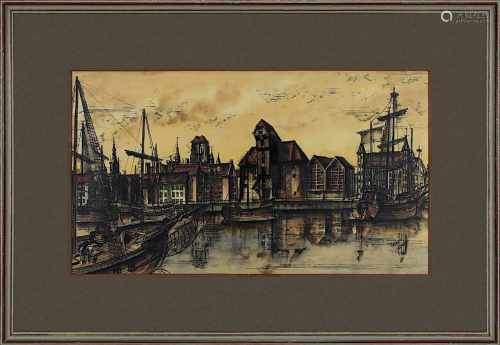 Polnischer Aquarellmaler, Danziger Hafen, Mitte 20 Jhd., Danziger Hafen mit Häuserkulisse und
