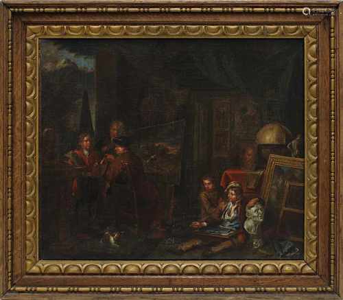 Thomas, Gerard (Antwerpen 1668-1720, Lehrling des Gottfried Maes), Im Atelier des Malers, links