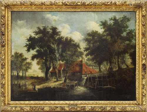 Hobbema, Meindert (attrib.) (Amsterdam 1638-1709), Wassermühle in baumbewachsener Landschaft mit